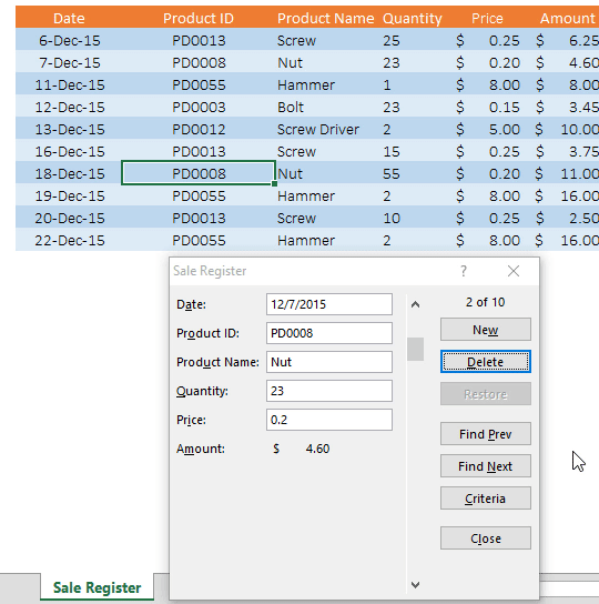 delete entry using this data entry from in Excel from table