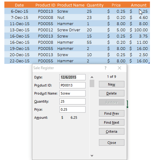 find a specific entry in this excel data entry form with a criteria