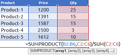 enter formulas in data table to use to calculate weighted average in excel with sumproduct