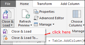 click close and load to get square root data into existing worksheet using power query in excel