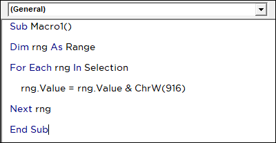 macro code to insert delta symbol in all excel cells