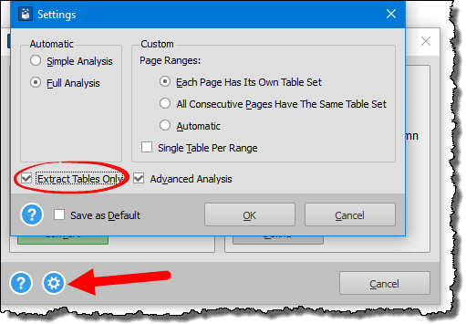 tick mark extract tables only to convert pdf file into excel workbook