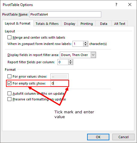 pivot table tricks enter value for blank cells