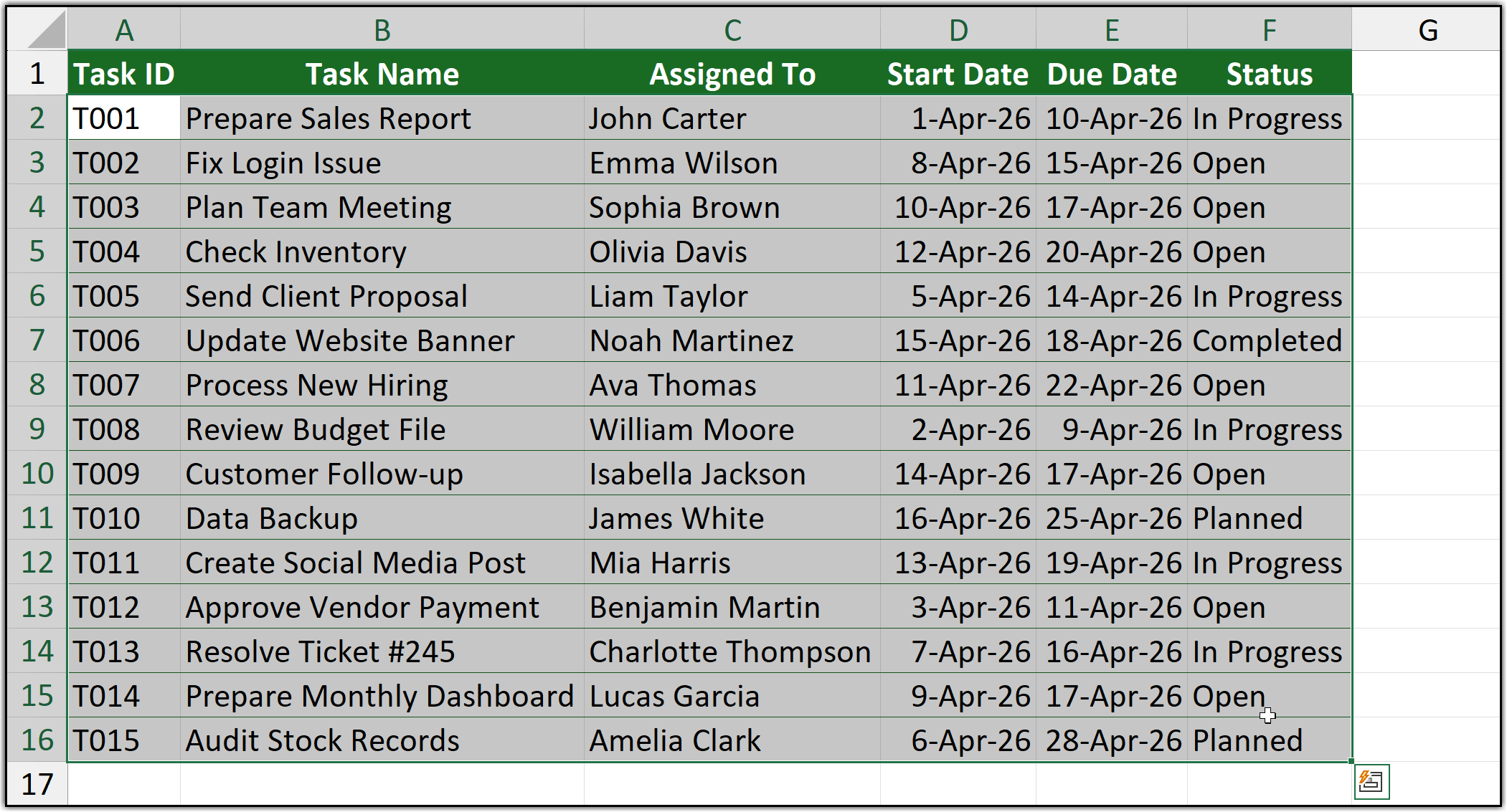 Selecting the full task list range before applying date-based conditional formatting in Excel