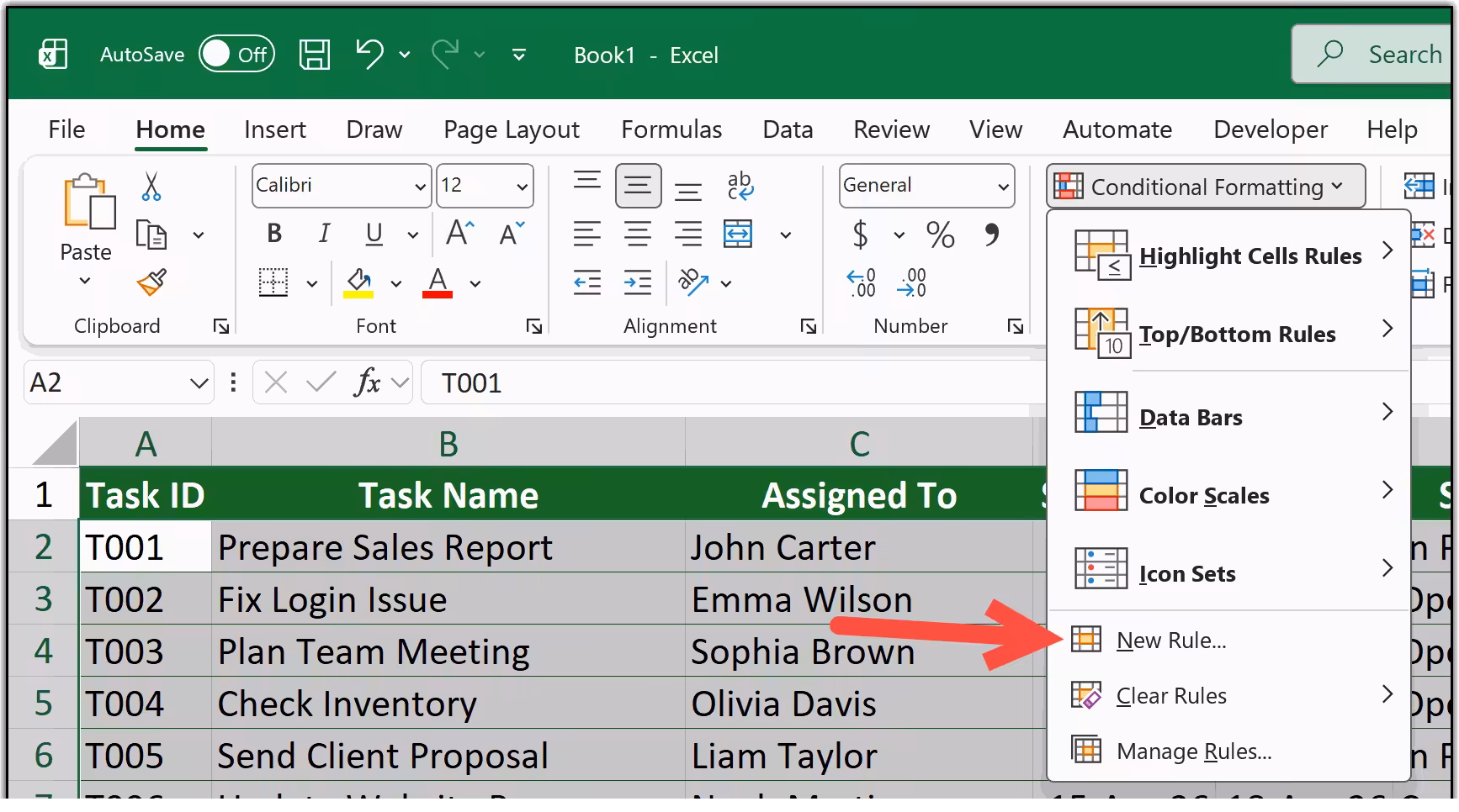 Home tab Conditional Formatting menu open with New Rule selected for date comparison