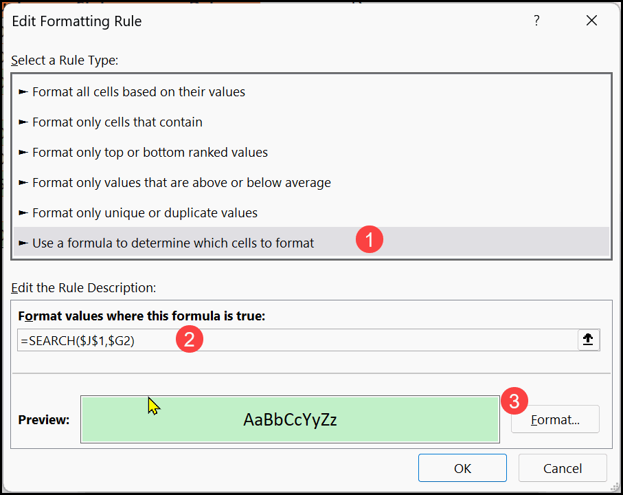 New Rule dialog with SEARCH formula =SEARCH($G$1,$B2) referencing a text value in another cell