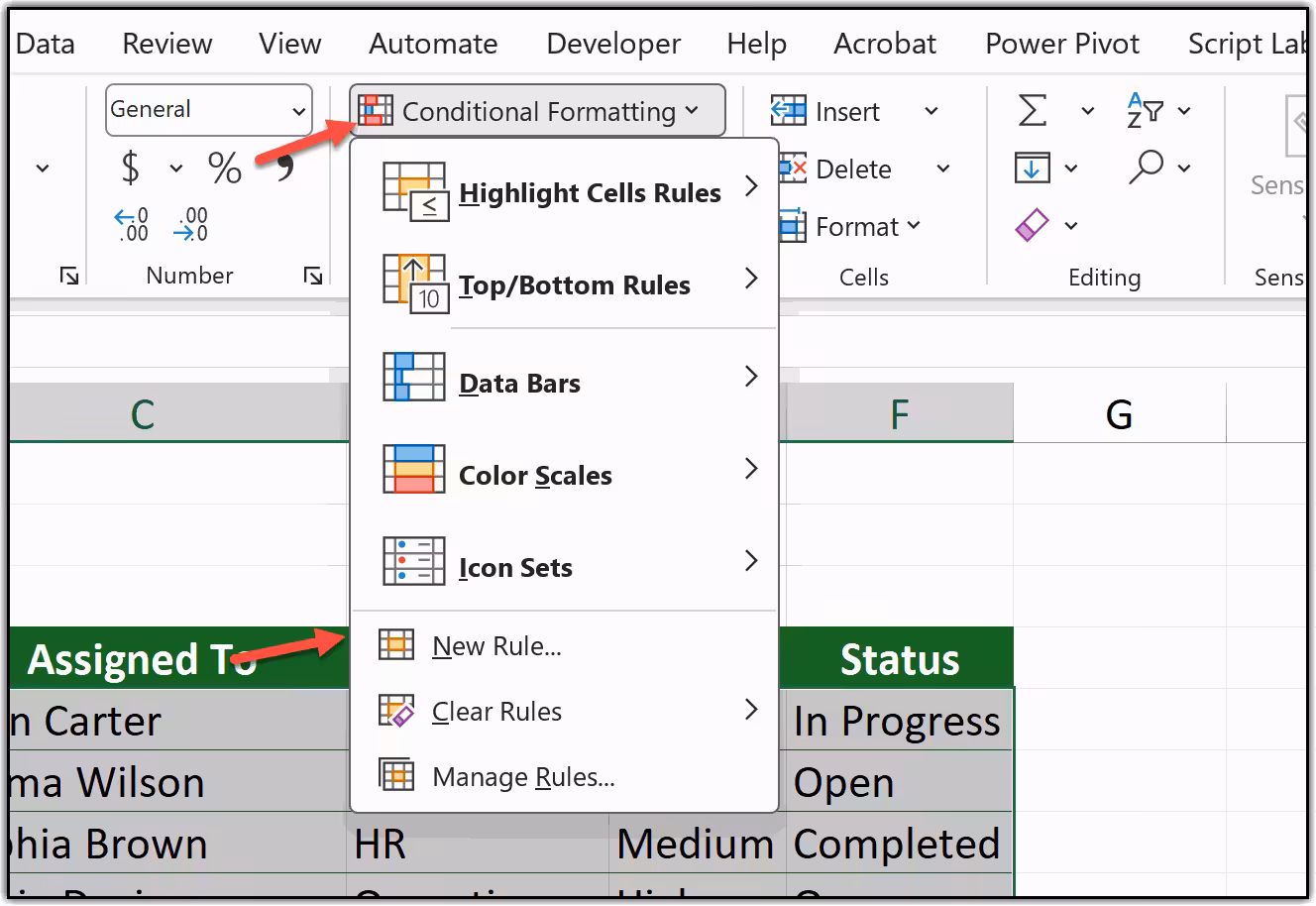 Opening a new conditional formatting rule to connect with the dropdown in cell F1