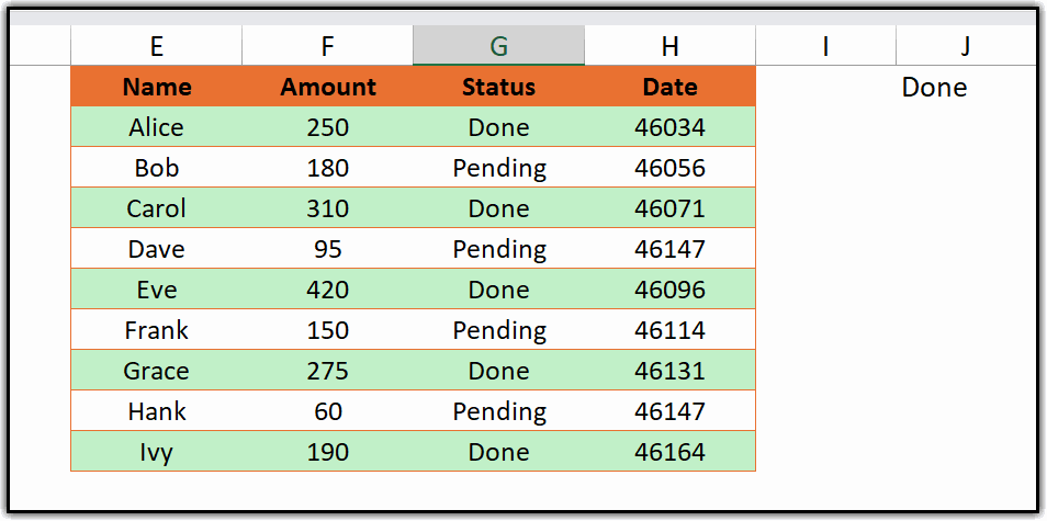 Excel rows highlighted in green where column B contains the text typed in reference cell G1