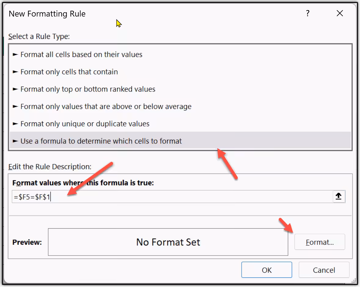 Formula =$D2=$F$1 entered in the New Rule dialog to format rows matching the dropdown selection in cell F1