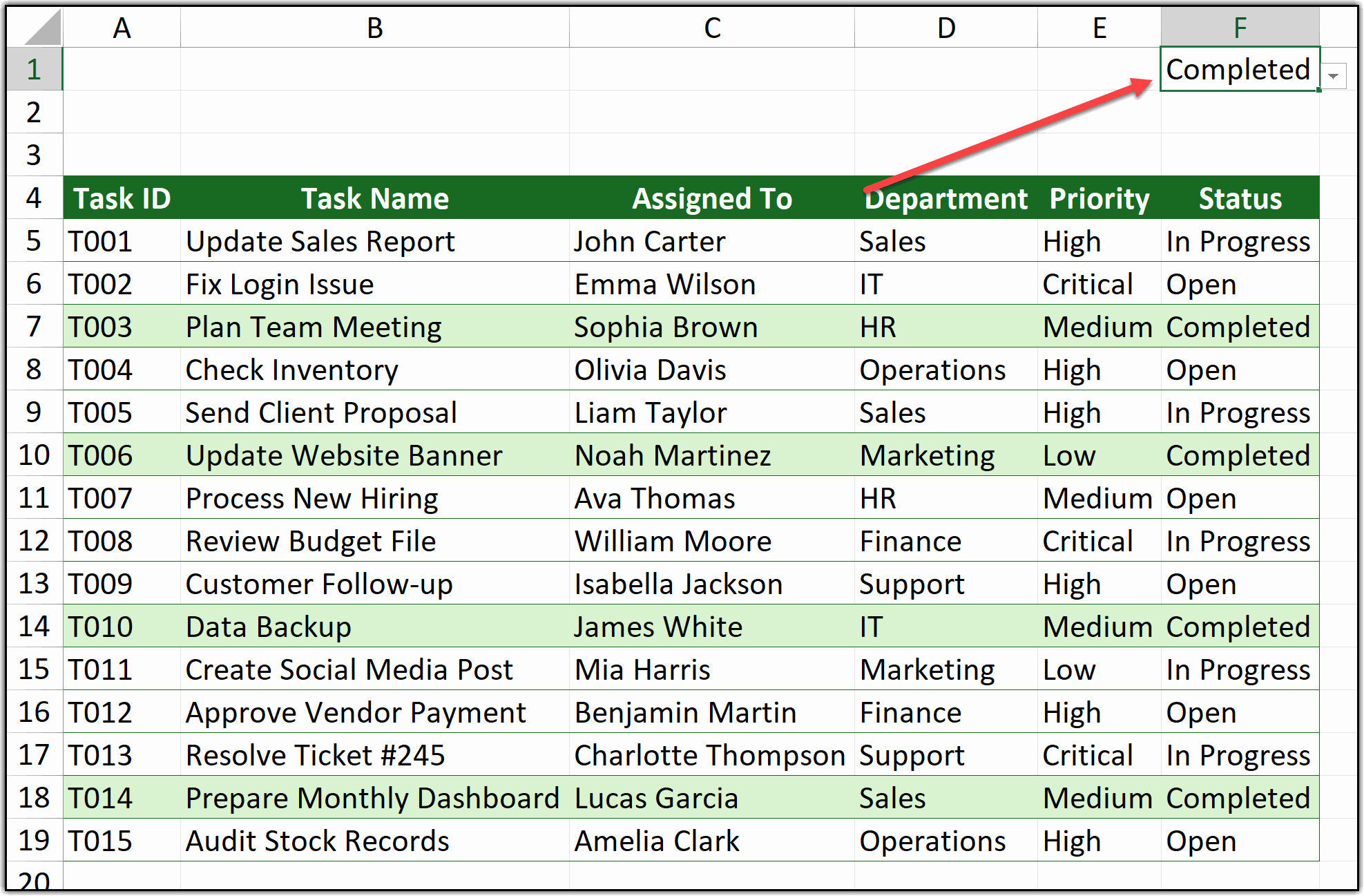 Rows dynamically highlighted in green in Excel based on the value selected from the dropdown list in F1