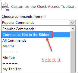 select commands not in the ribbon to add auto format in excel quick access toolbar