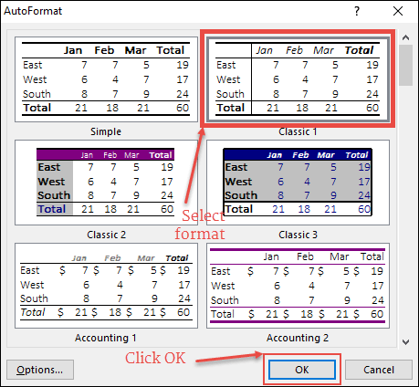 select format and click ok to apply formatting with auto format in excel