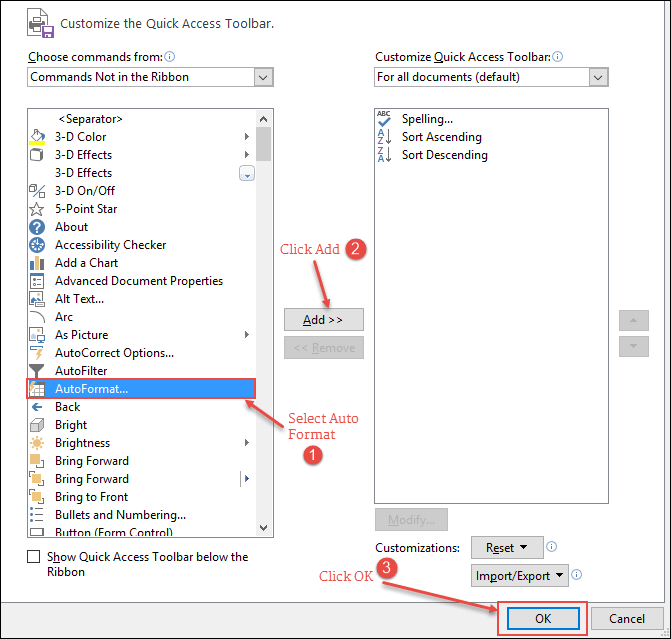 select from auto format command in excel to add to quick access tool bar