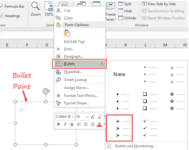 use text box to insert bullet point in excel