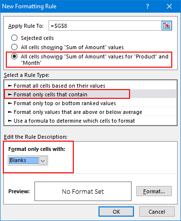 apply conditional formatting in pivot table for blank cells