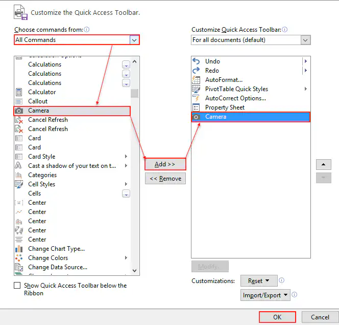 Click OK To Add Excel Camera Tool To Quick Access Toolbar