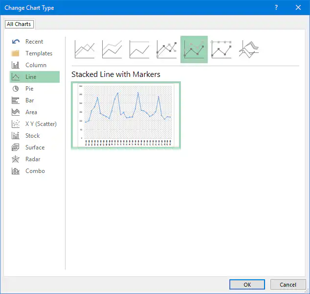 Selecting a new chart type for an Excel pivot chart