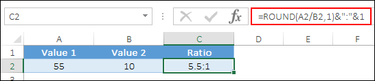 calculate ratio in excel with round values formula