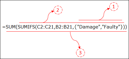 three parts of formula to use or logic in sumifs sumif