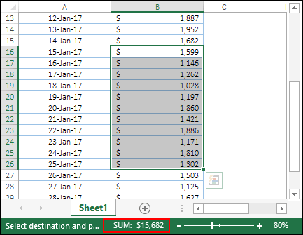 check sum from status bar to verify that sum values between dates