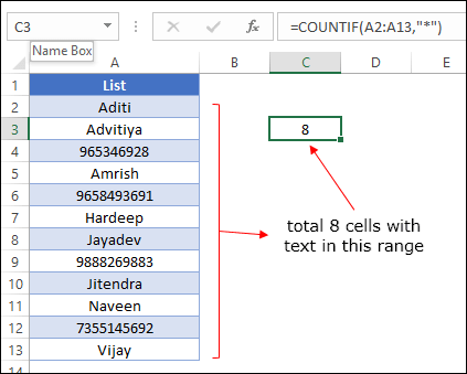 excel count cells with text not formulas