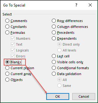 select blank to highlight blank cells in excel