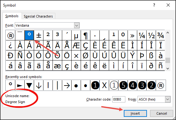 inserting degree symbol in word