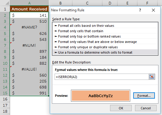 highlight errors from cells using conditional formatting