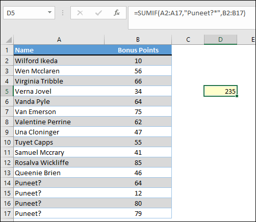 formula to nullify question mark wildcard using tilde with sumif