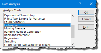 select histogram from data analysis to create histogram