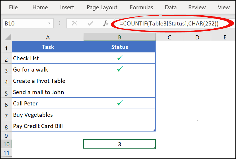 tick in excel symbols