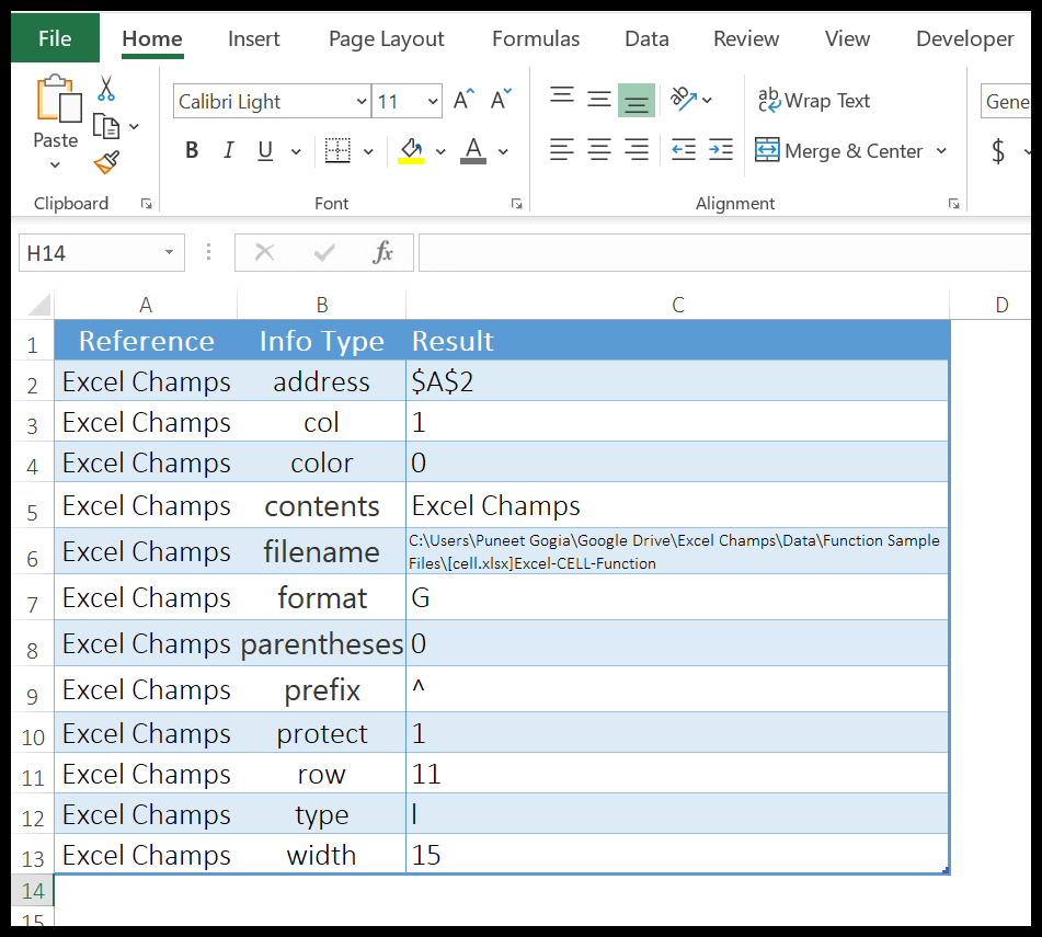 Excel CELL Function Example Sample File