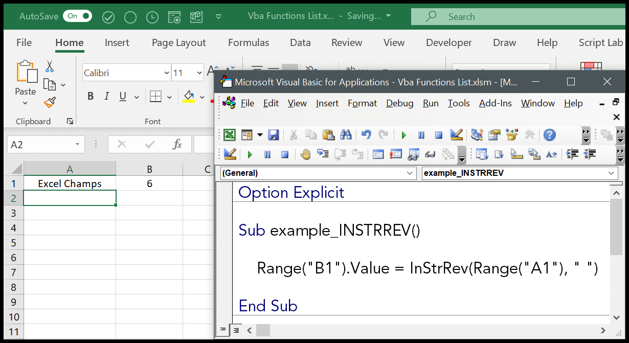 How to use the VBA INSTRREV Function (Syntax + Example)