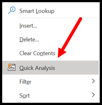 populate the quick analysis tool in excel