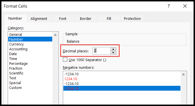 Adjusting decimal places for red negative numbers in the Excel Format Cells dialog