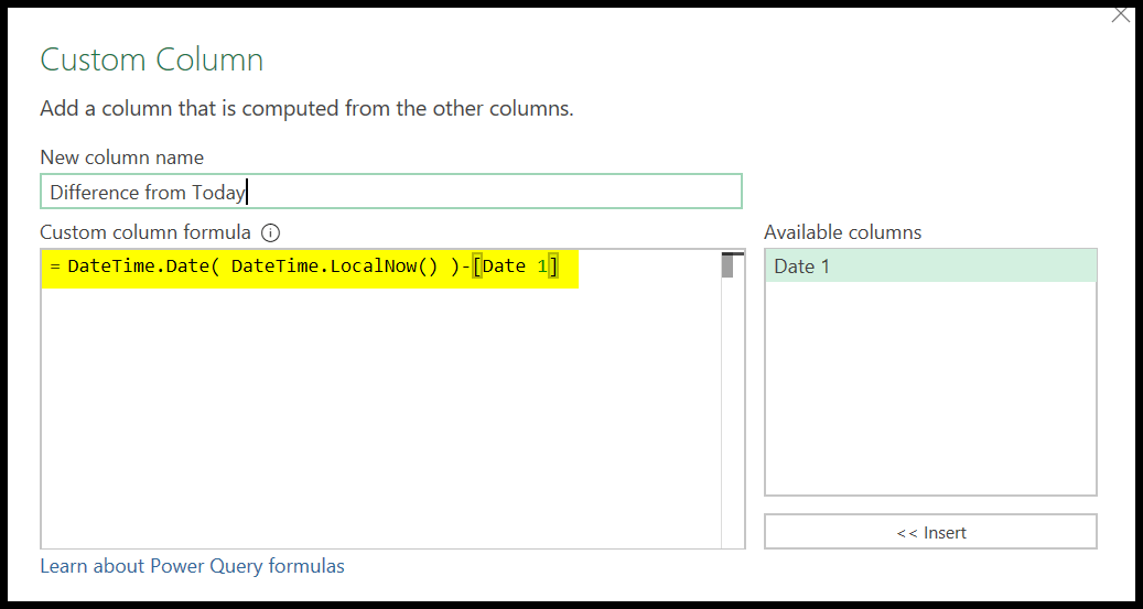 Get date difference in power query