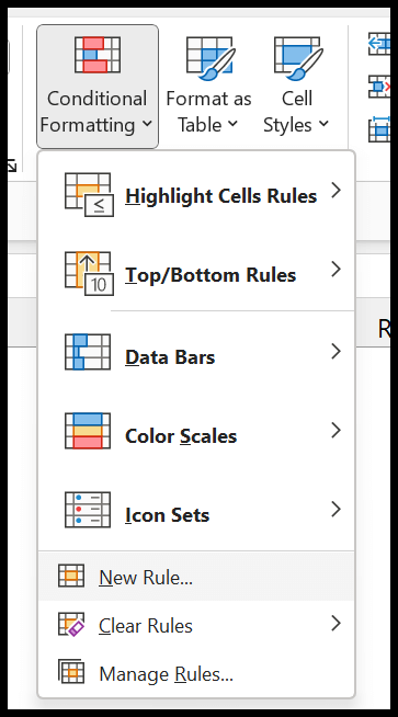 Home tab menu showing Conditional Formatting dropdown with New Rule option highlighted