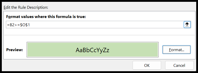 Conditional Formatting Rules Manager showing the active formula-based rule and its applied range