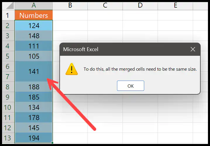 Excel error dialog — all the merged cells need to be the same size