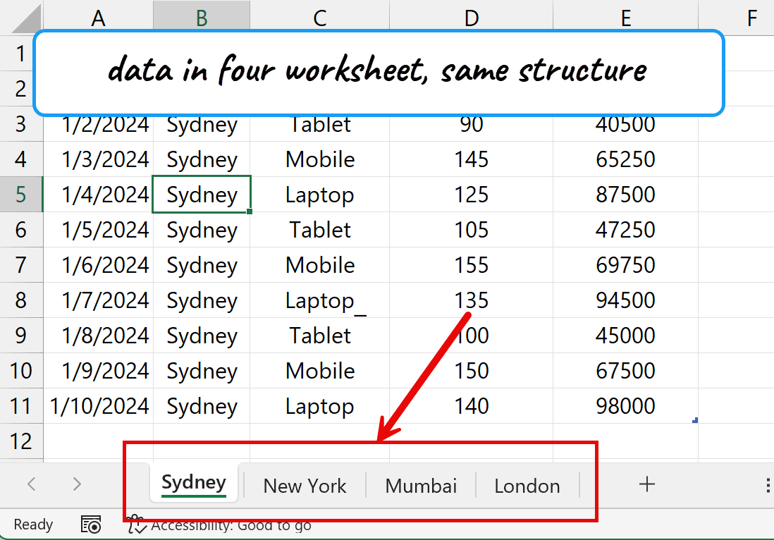 Four Excel worksheets with the same column structure ready for combining