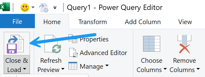 Close and Load button in the Power Query Editor Home tab
