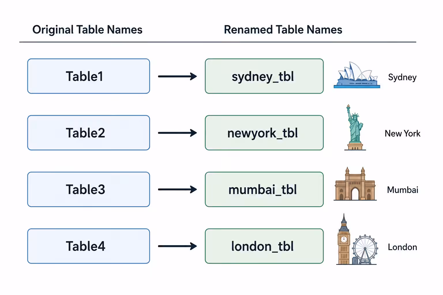 Renaming Power Query tables to match city names in the diagram view
