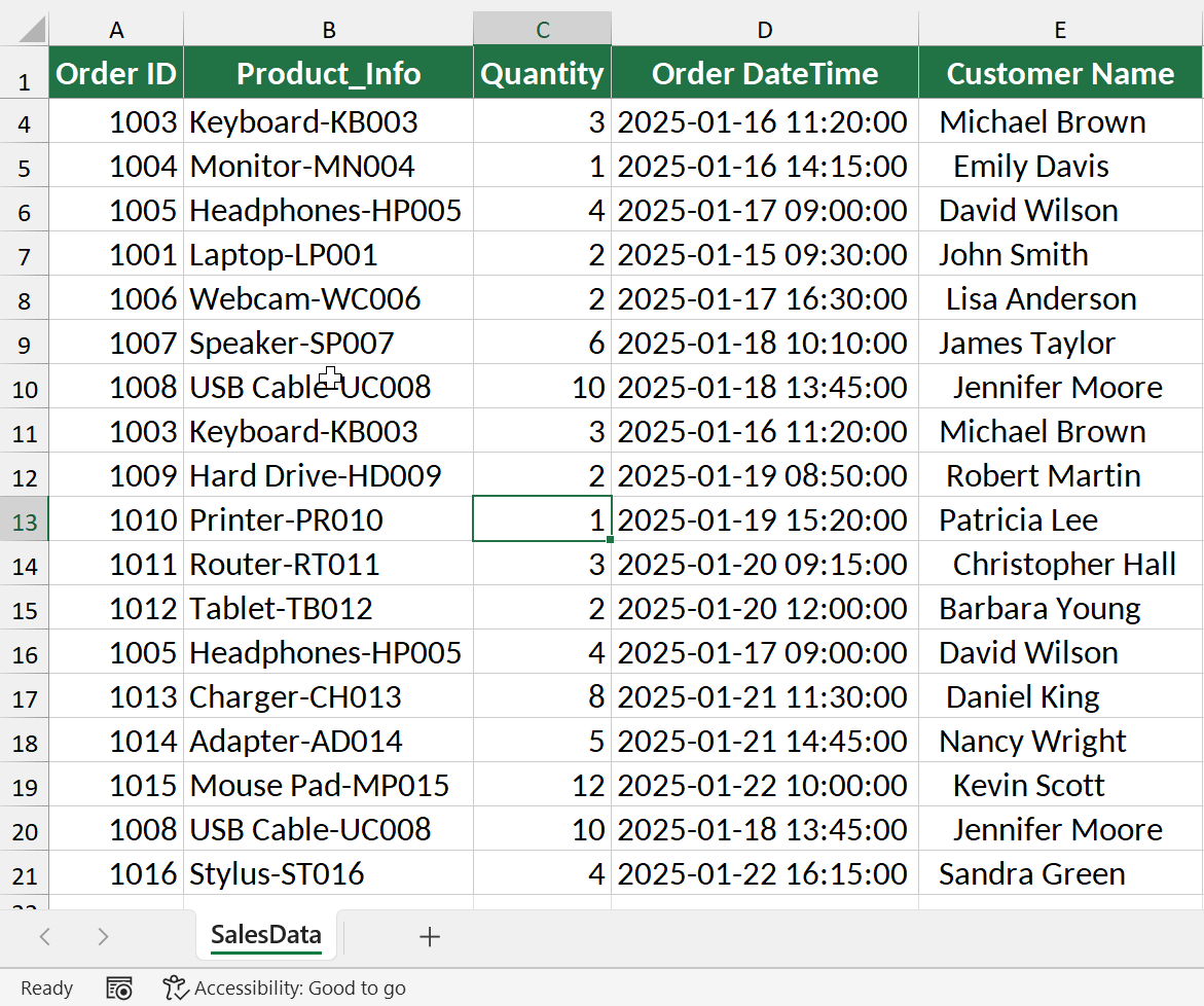 Raw sales data range in Excel before converting to a table