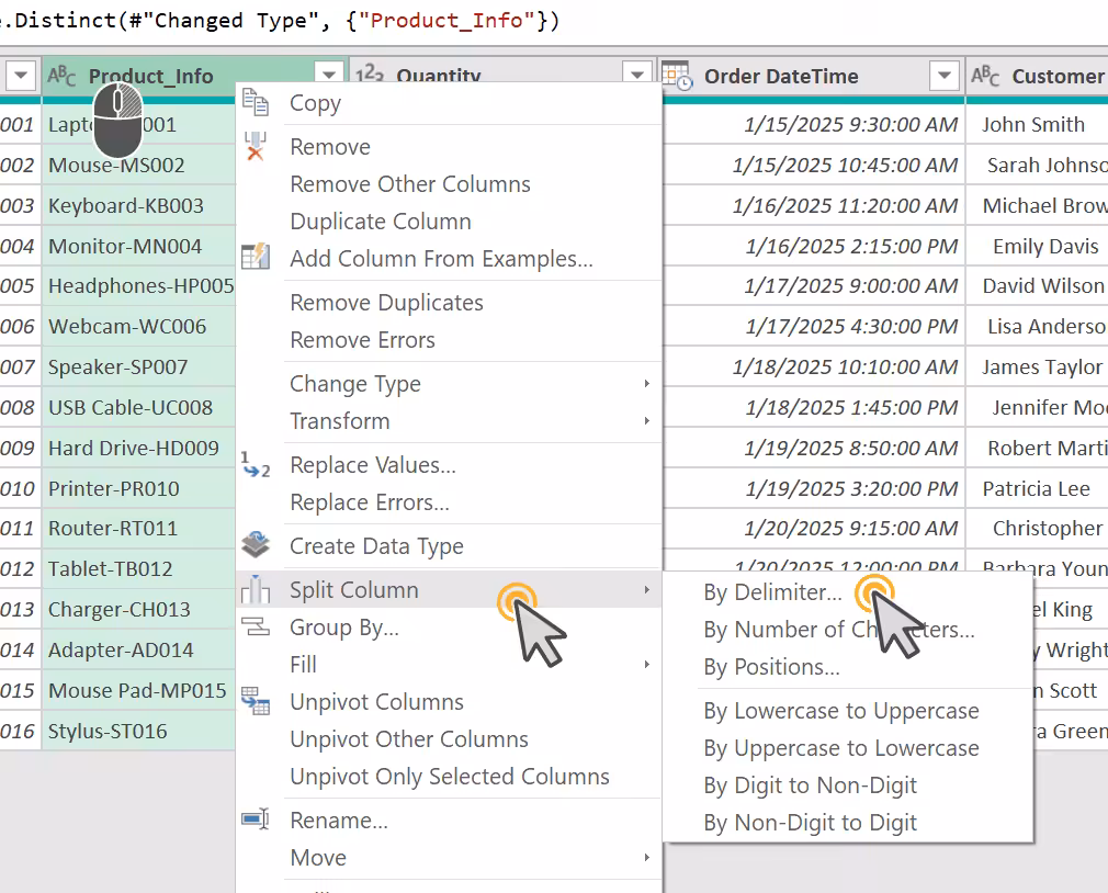 Split Column by Delimiter dialog box in Power Query showing delimiter selection