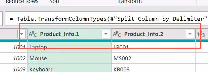 Result of splitting the Product Info column into product name and product code